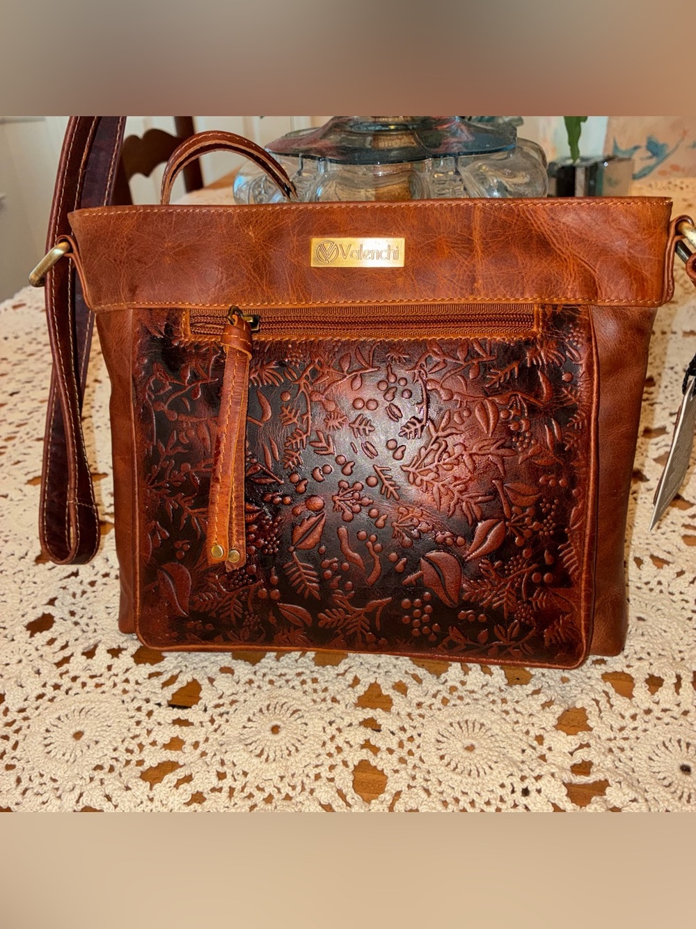 NWT Valenchi Women's Brown Tooled Leather Crossbody Bag with Floral Detail - Picture 2 of 16